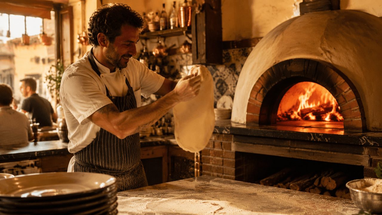 A pizzaiolo stretching dough beside the glowing wood-fired oven at Dairon's Cuban Pizzeria