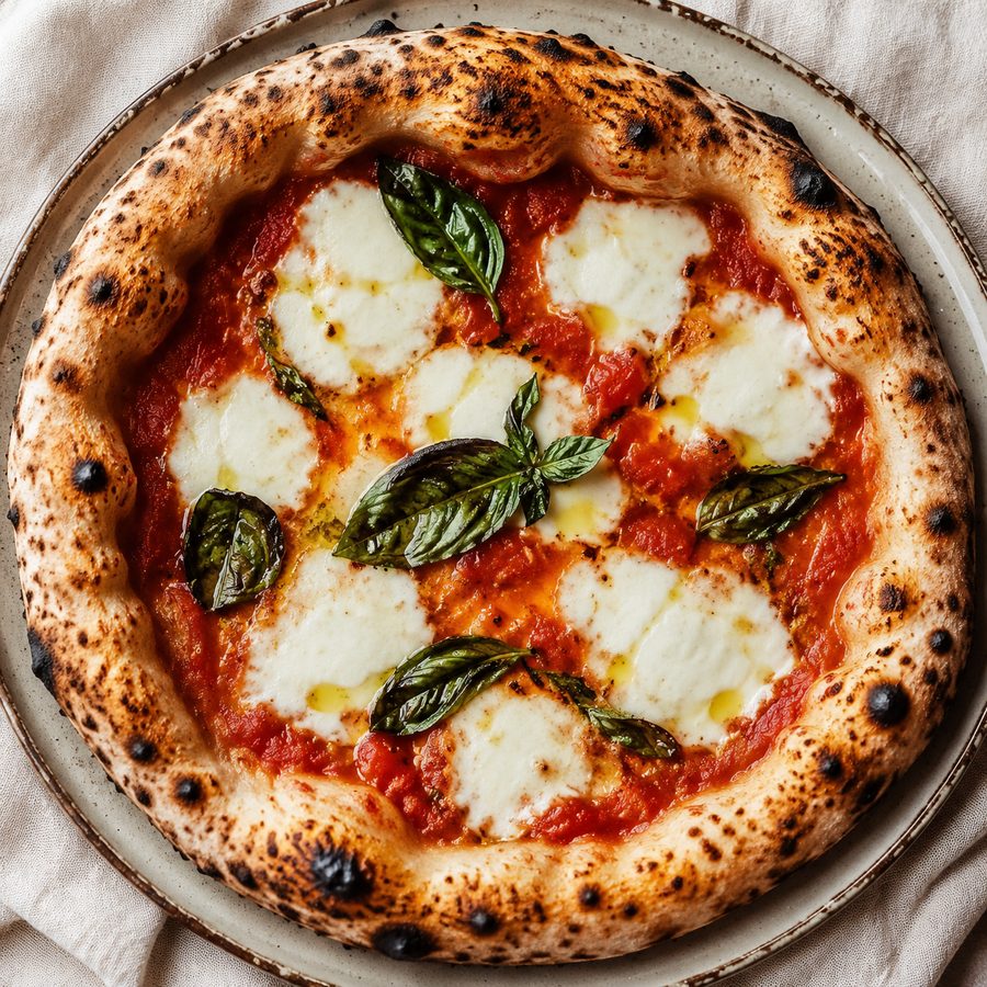 Top-down Margherita with leoparded crust and basil