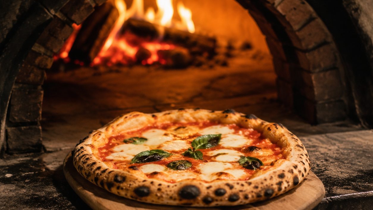 A leoparded Margherita pizza on a wooden peel before the glowing wood-fired oven at Dairon's Cuban Pizzeria
